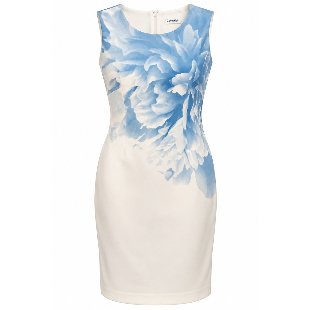 Calvin Klein Womens Blue White Floral Scuba Sheath Dress Size 10 Sleeveless